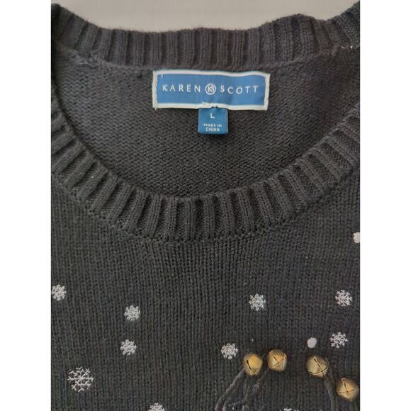 KAREN SCOTT Black Red White Gold Embroidered Reindeer Christmas Sweater Size L - Picture 3 of 7